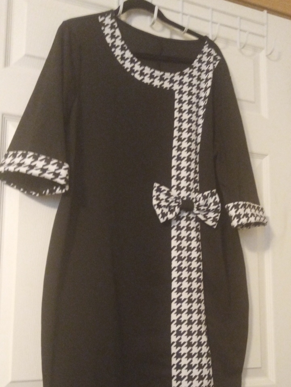 Source Unknown Black Dress with Black and White Houndstooth Trim